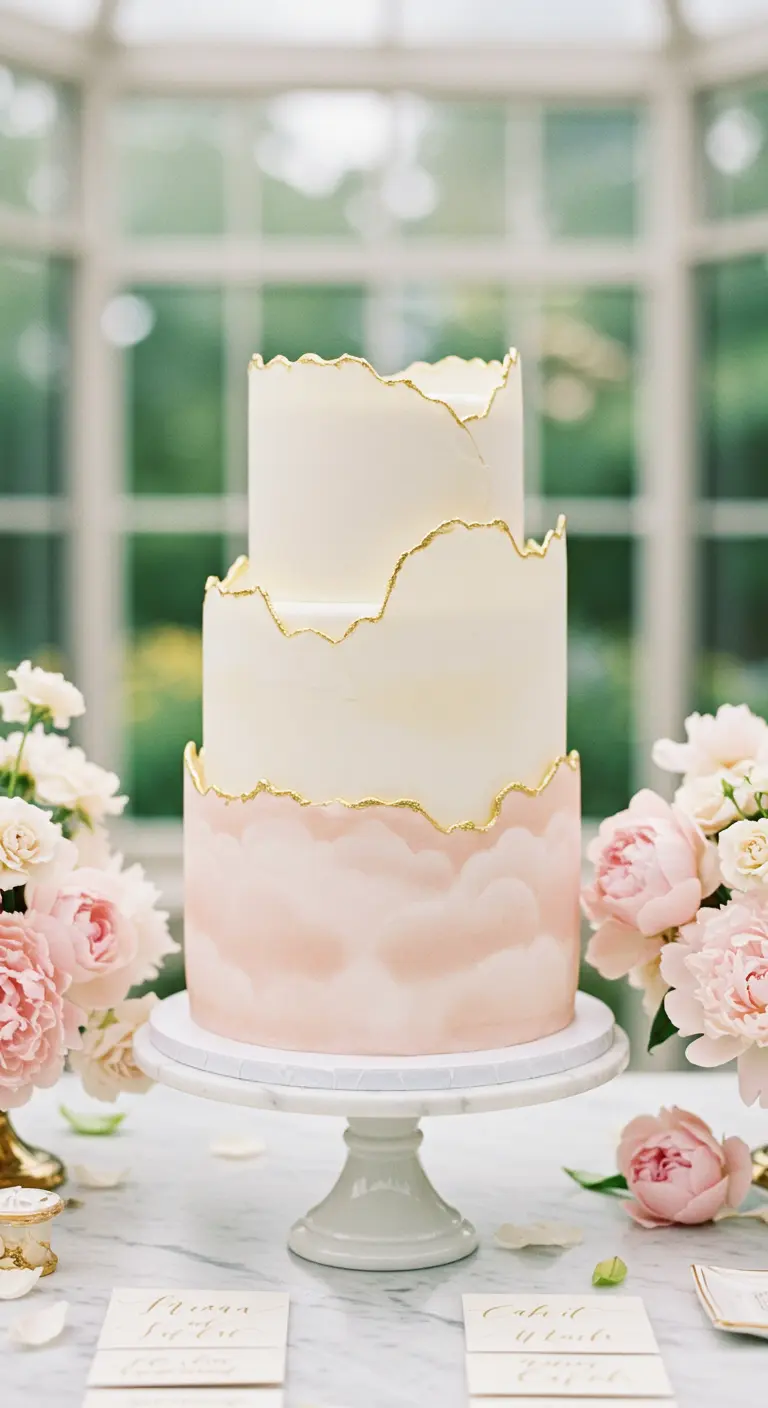 Zweistöckige weiß-rosa Ombré-Torte mit unregelmäßigen Goldkanten.