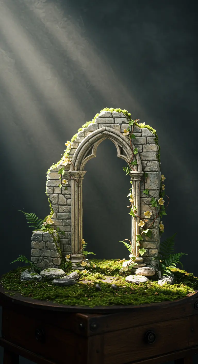 Torten-Skulptur einer verfallenen Steinbogen-Ruine mit Moos und Pflanzen.