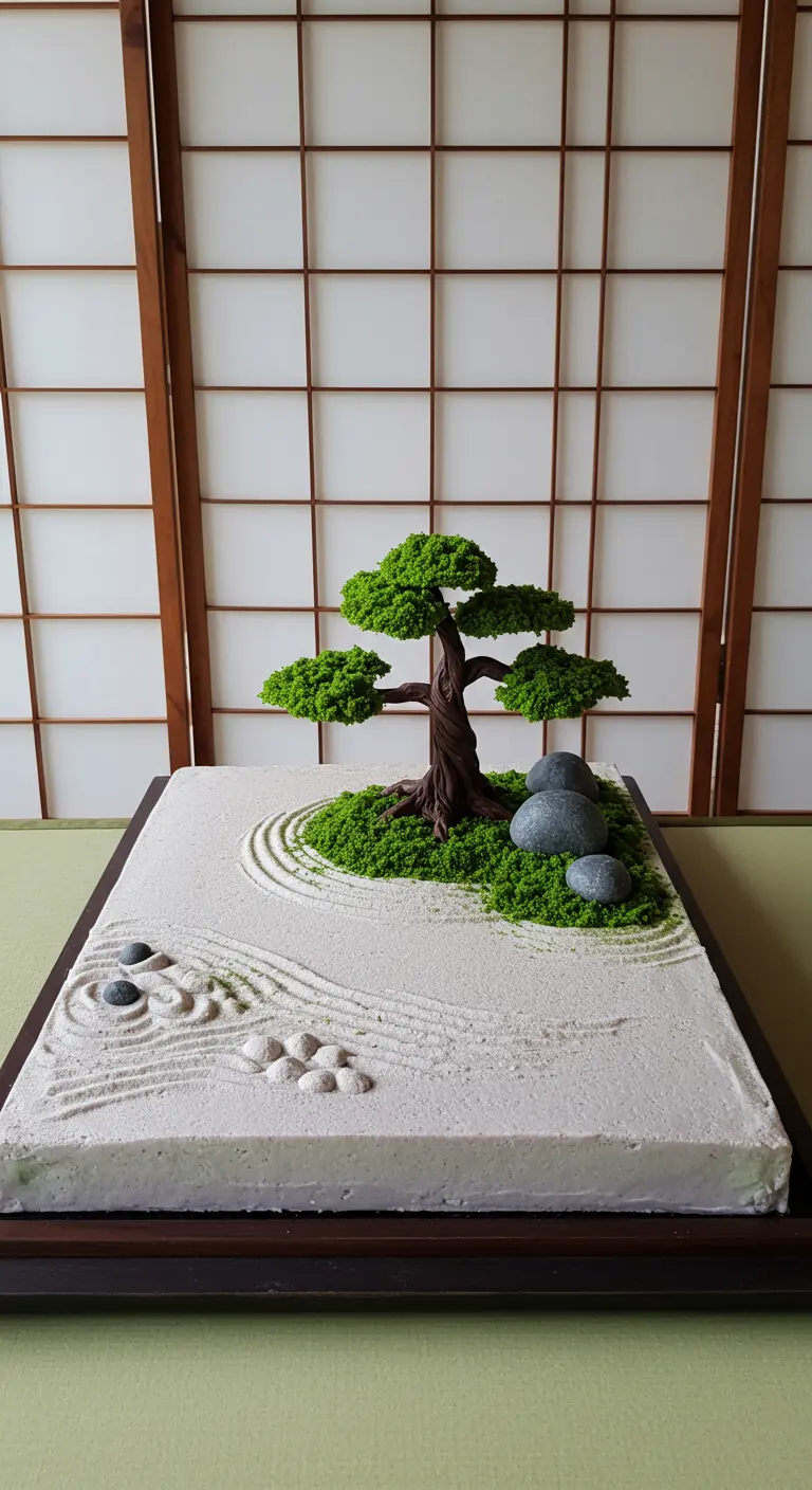 Rechteckige Torte, die einen japanischen Zen-Garten mit Bonsai und geharktem Sand darstellt.