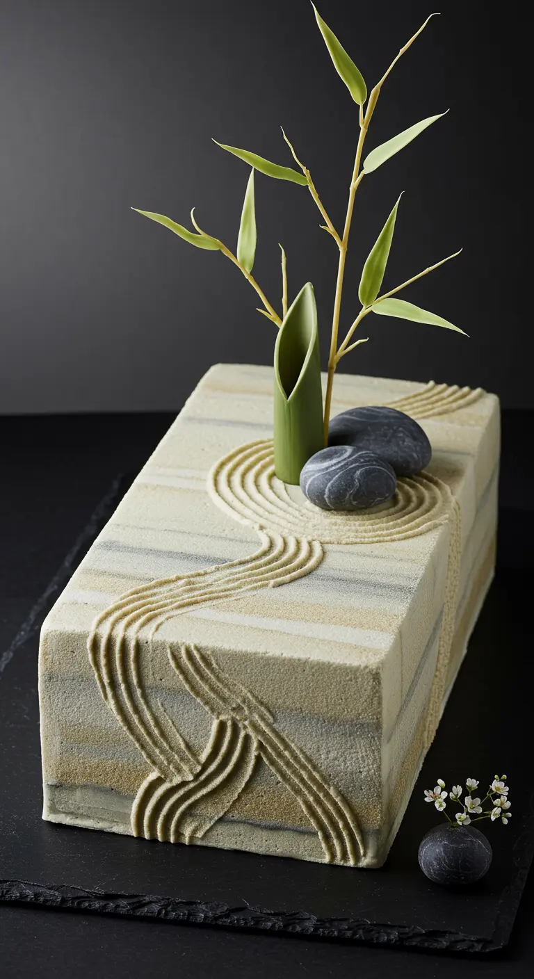 Rechteckige Torte im Zen-Garten-Stil mit Sandtextur, Steinen und Bambus-Deko.