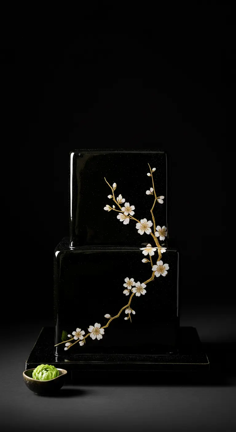 Schwarze, quadratische Torte mit Spiegelglasur und einem zarten, goldenen Blütenzweig.