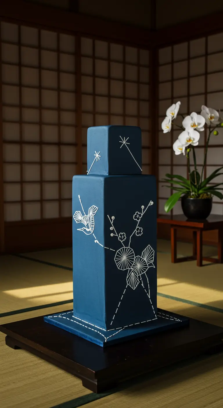 Hohe, blaue Hochzeitstorte mit minimalistischem, weißem Stickerei-Vogel und Blüten.