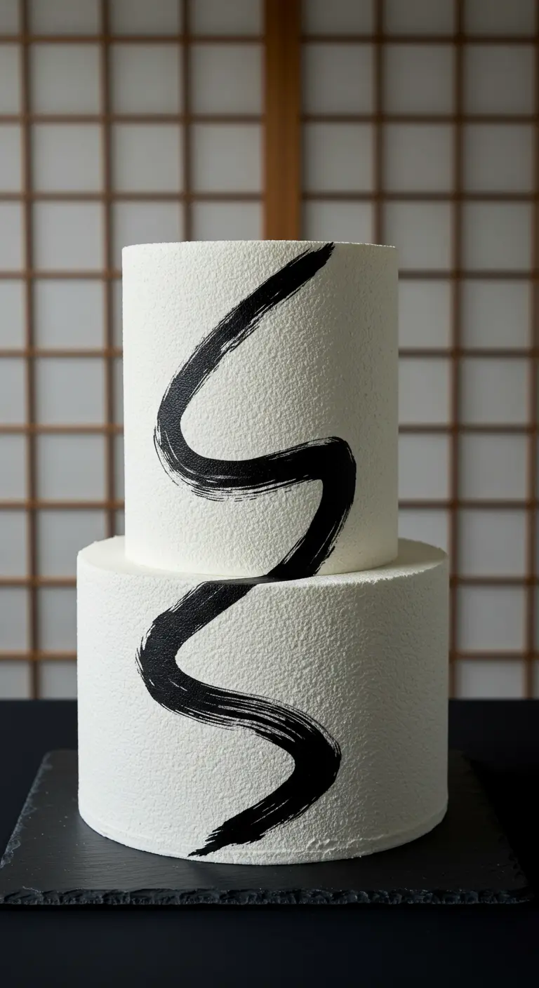 Weiße Torte mit rauer Textur und einem geschwungenen, schwarzen Pinselstrich über beide Etagen.