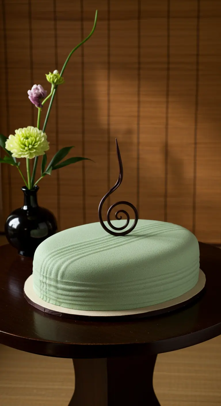 Hellgrüne, ovale Torte mit samtiger Oberfläche und einer eleganten, dunklen Schokoladenspirale.