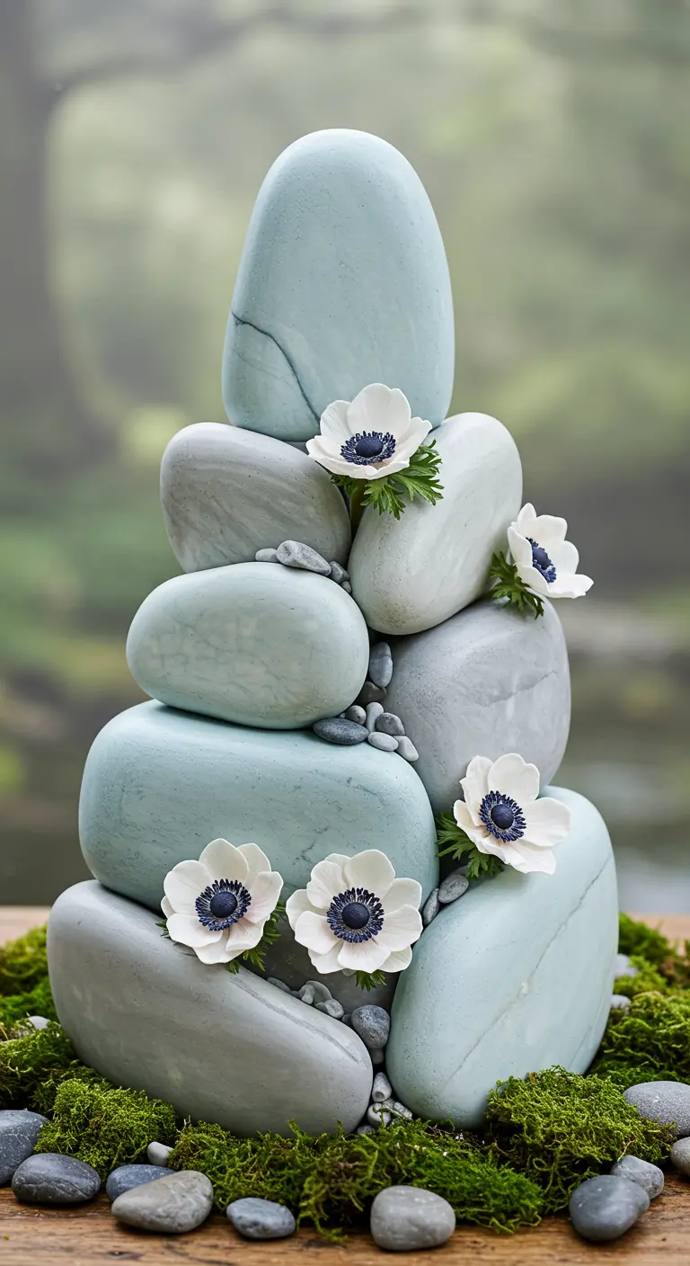Hochzeitstorte aus gestapelten, pastellfarbenen Torten-Steinen, dekoriert mit weißen Anemonen und kleinen Kieselsteinen.