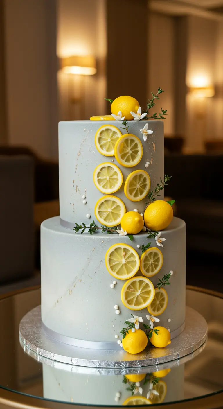 Zweistöckige, graue Torte mit einer Kaskade aus Zitronenscheiben, ganzen Zitronen und Blüten.