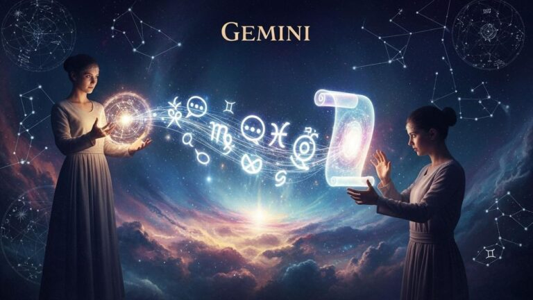 Zwillinge Horoskop: Frauen mit Sternbildern & leuchtender Schriftrolle, die Botschaften für Rede & Kommunikation symbolisiert.