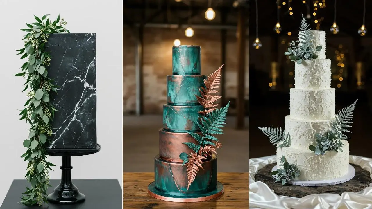 Drei wunderschöne botanische Hochzeitstorten mit Eukalyptus- und Farnzweigen-Designs.