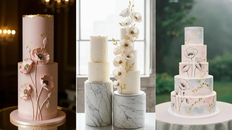 Drei Hochzeitstorten mit wilden Mohnblumen und Goldsprenkeln, darunter handgemalte und 3D-Mohnblumen.