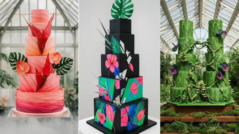 Vielfältige tropisch-florale Hochzeitstorten, darunter Designs mit Hibiskus, Monstera und Flamingo-Blüten.