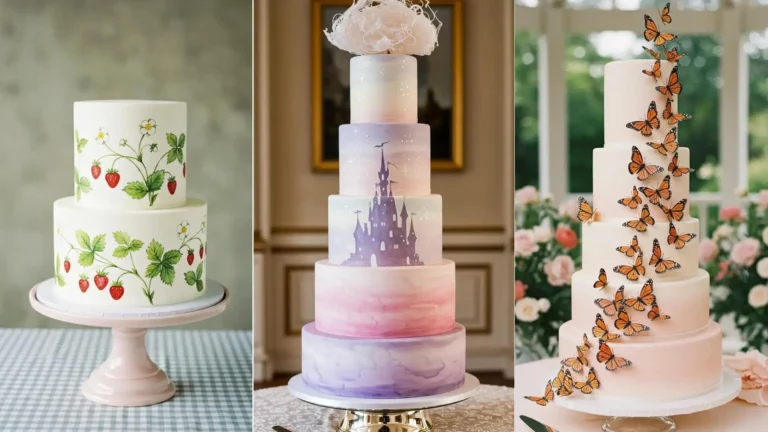 Hochzeitstorten mit handgemalten Aquarell-Designs: Erdbeeren, Schmetterlinge und ein Schloss mit Farbverlauf.