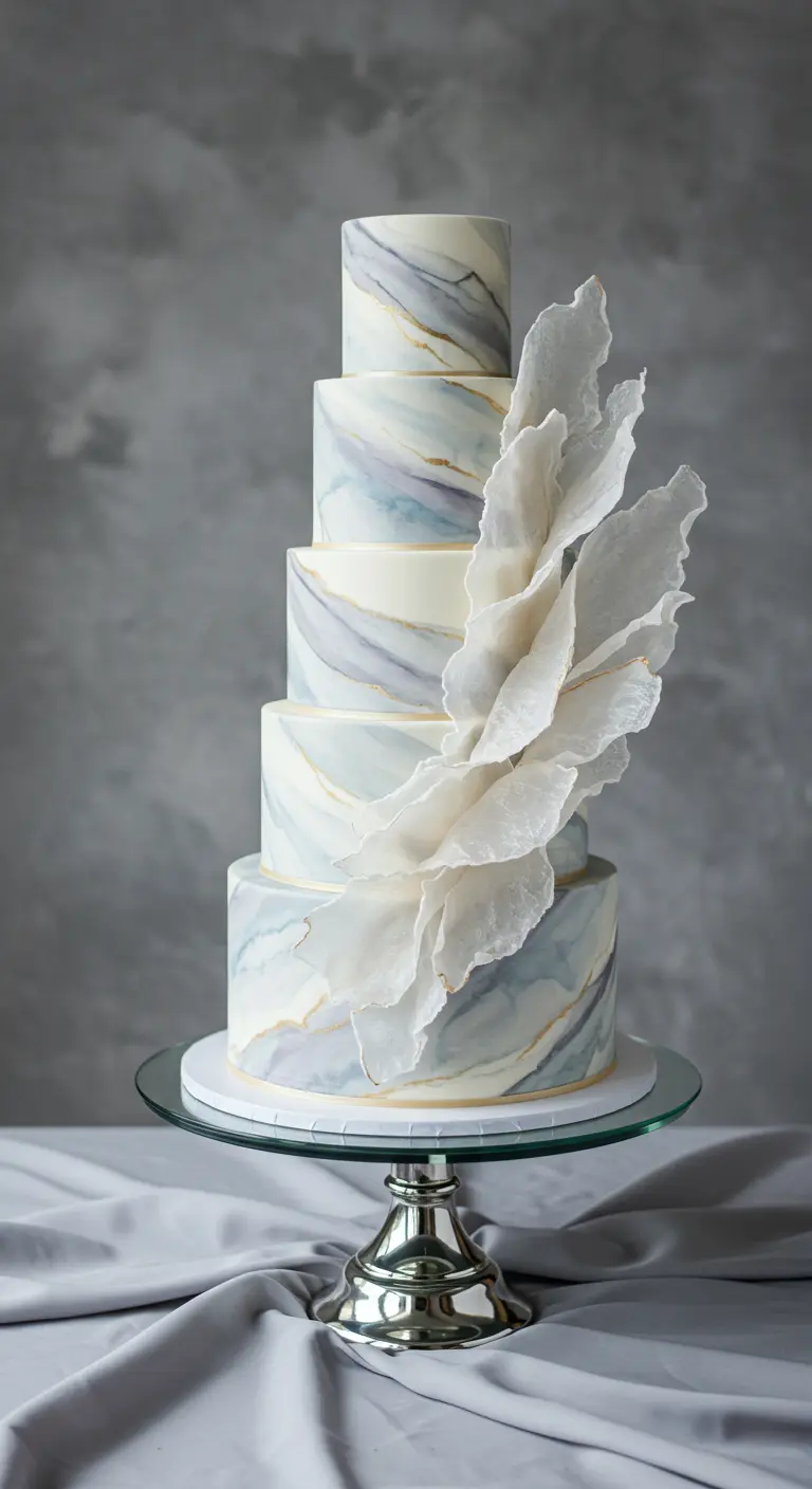 Mehrstöckige Torte mit blau-grauem Marmor-Effekt und großen, weißen Wafer-Paper-Wellen.