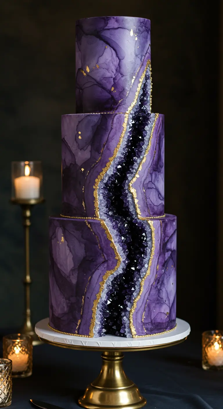 Dreistöckige, lila-marmorierte Torte mit einem aufbrechenden Amethyst-Geoden-Effekt.