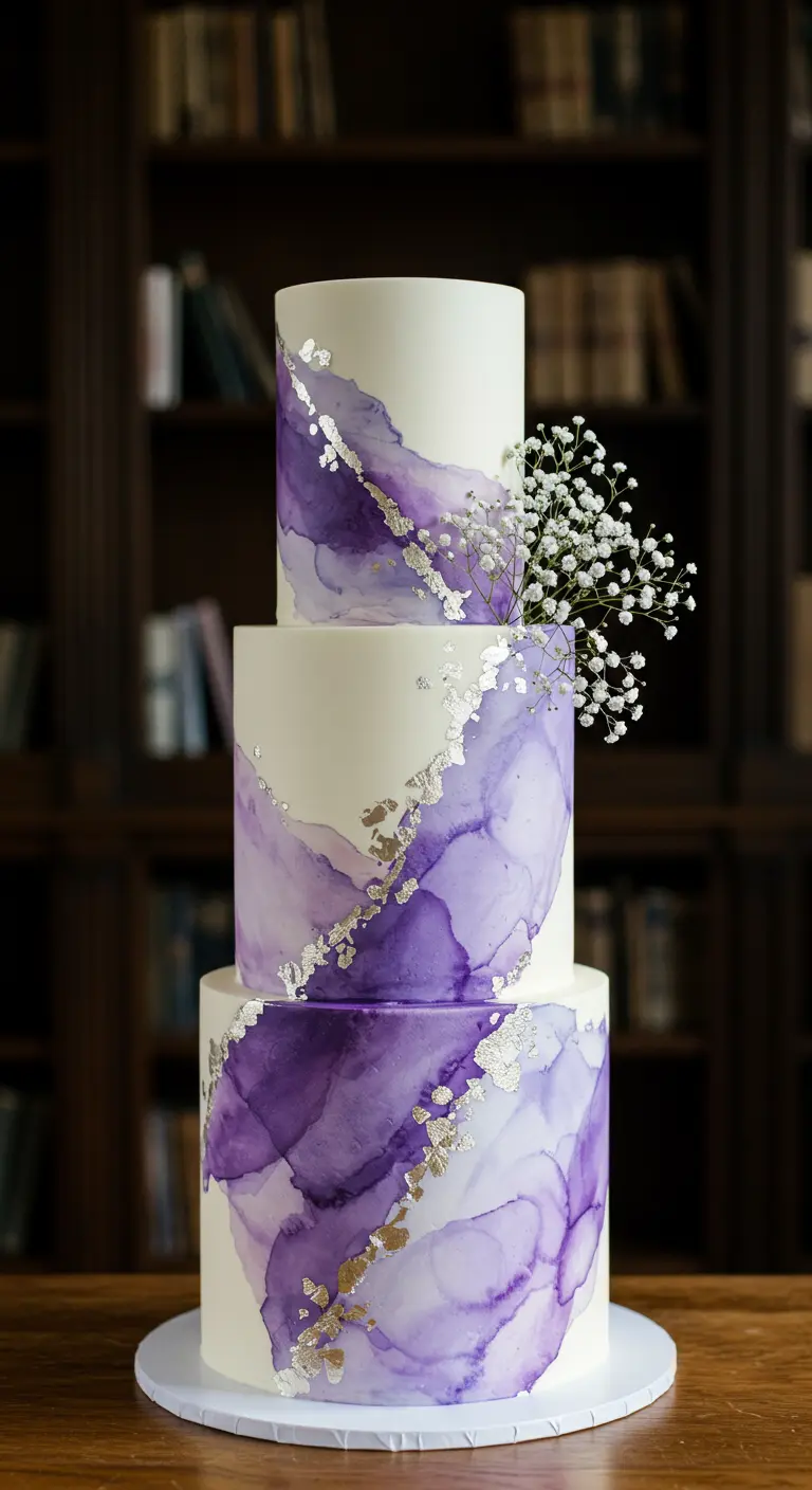 Dreistöckige Torte mit lila Aquarell-Marmor und Blattsilber.