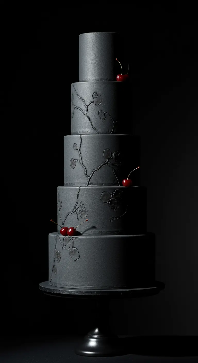 Mehrstöckige dunkelgraue Torte mit floralen Relief-Mustern und einzelnen Kirschen