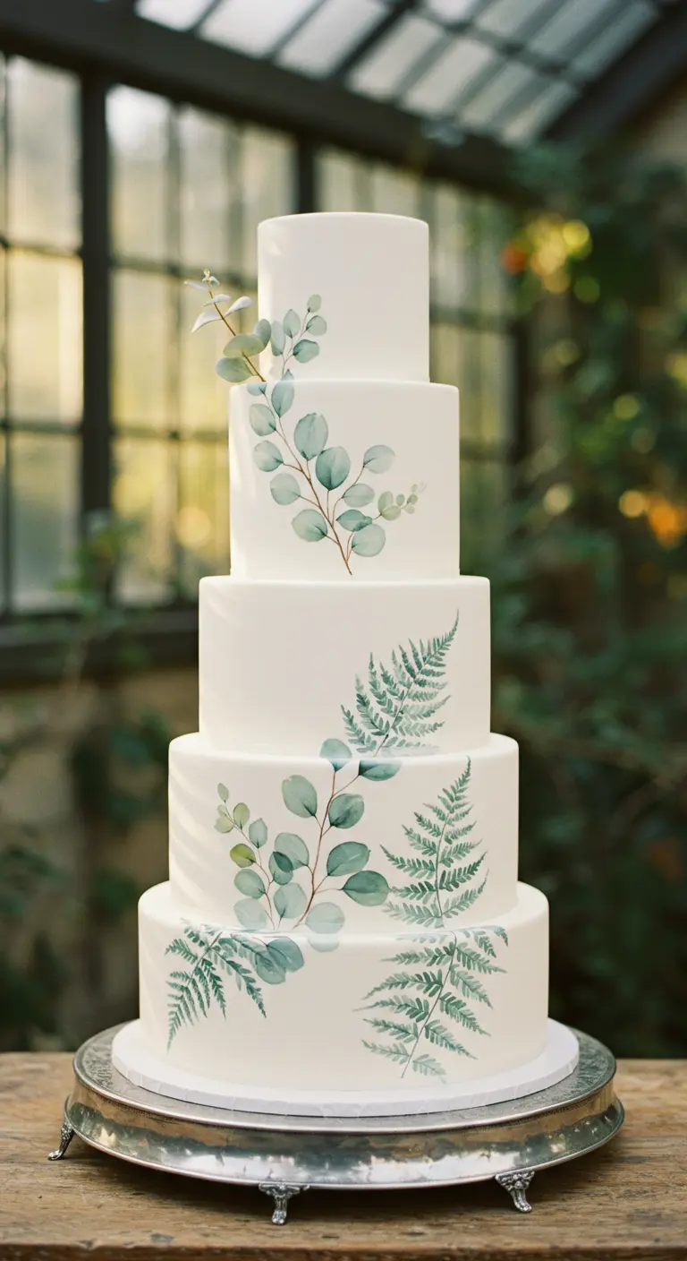 Weiße Torte mit handgemalten Aquarell-Motiven von Eukalyptus und Farn.