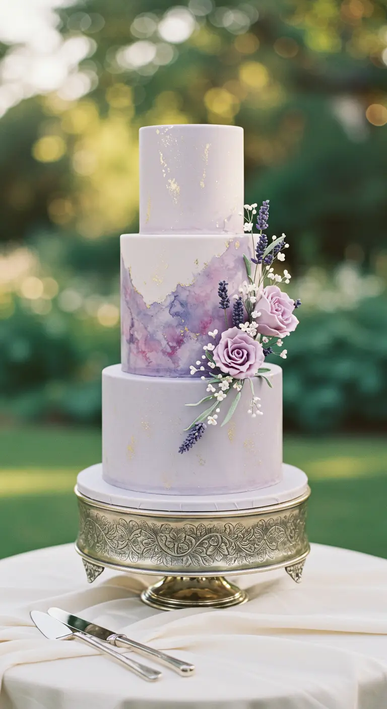 Dreistöckige Hochzeitstorte mit lila Aquarell-Effekt und Lavendel.