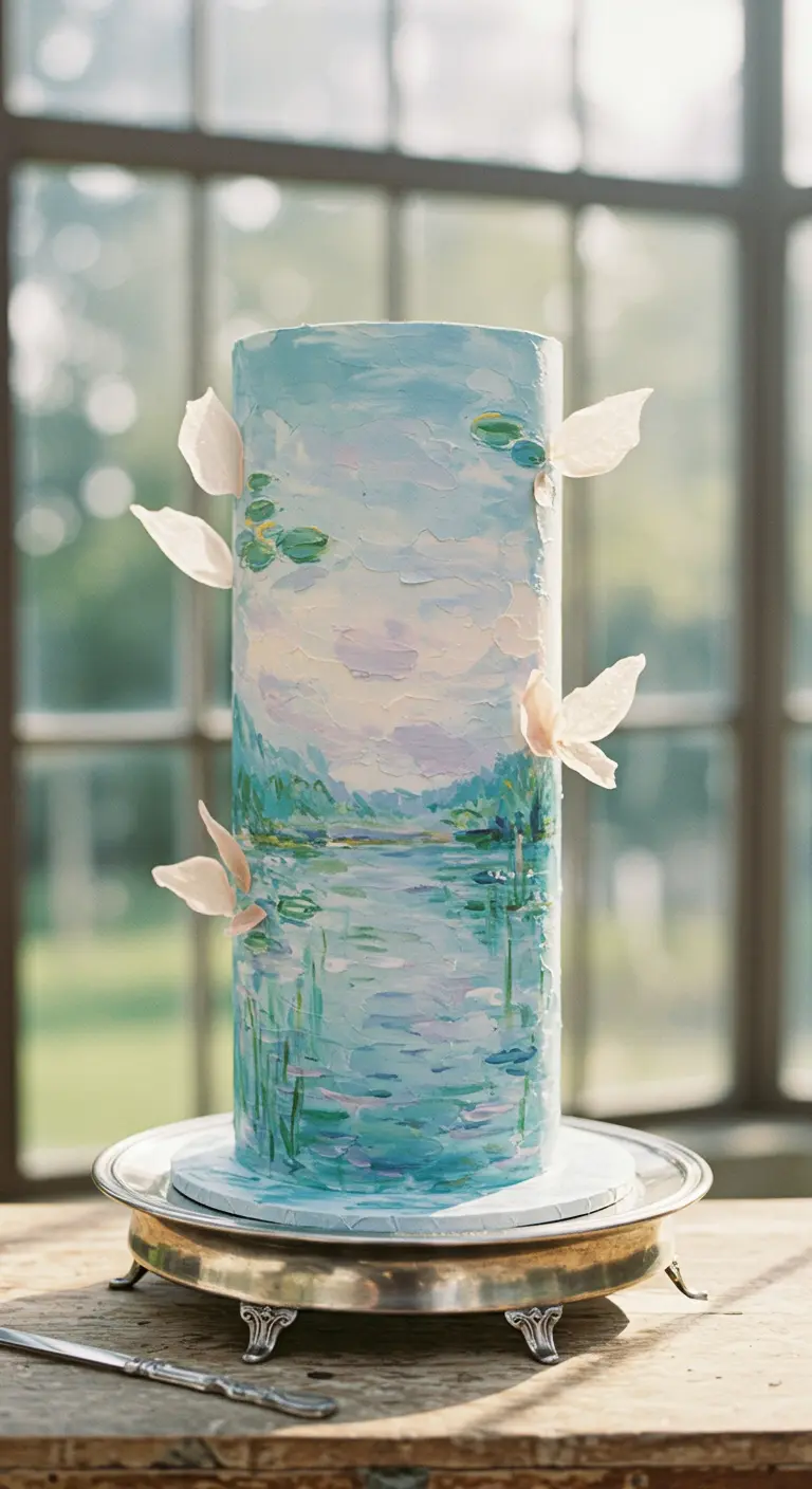Hohe, zylindrische Torte, bemalt im impressionistischen Stil mit Seerosen und schwebenden Blütenblättern.