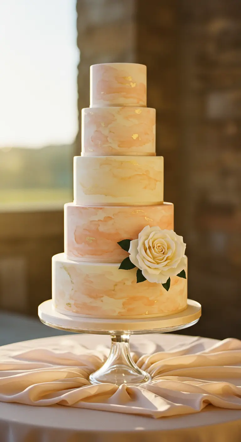 Fünfstöckige Torte im Aquarell-Look in Pfirsich und Creme mit einer weißen Rose.