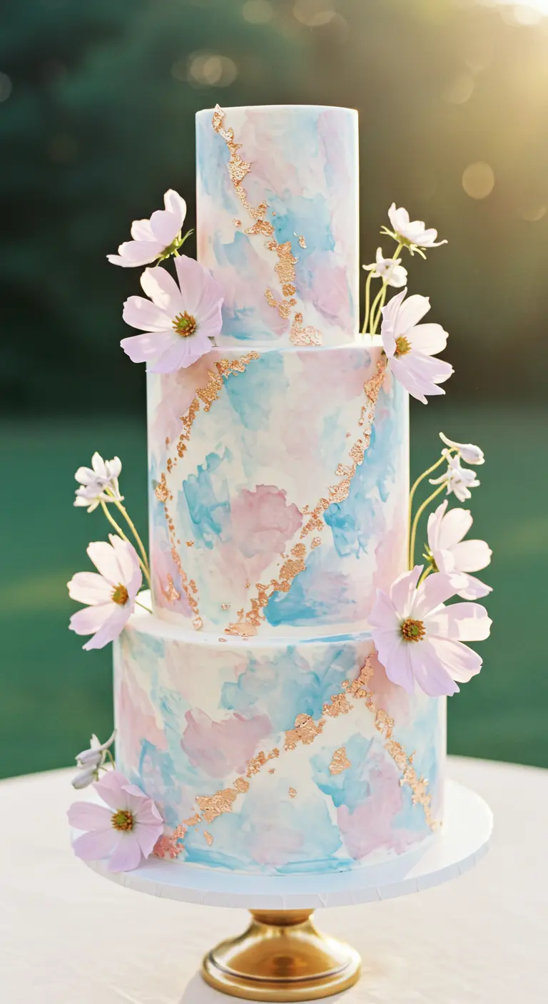 Dreistöckige Torte in Aquarell-Optik (rosa, blau) mit Roségold-Akzenten und weißen Seiden-Cosmea.