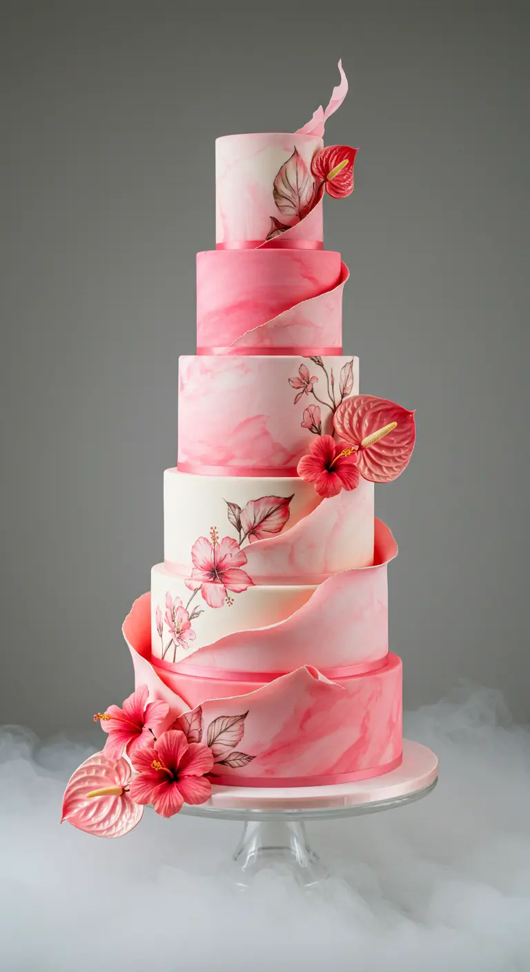 Rosafarbene Aquarell-Torte mit geschwungener Welle, bemalten Hibiskusblüten und rosa Anthurien.
