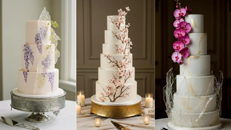 Vielfältige Hochzeitstorten: Eine mit Aquarellblumen & transparentem Schleier, Kirschblüten & Orchideen.