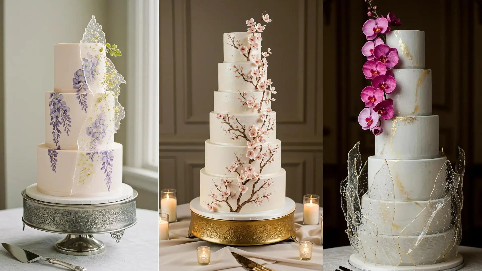 Vielfältige Hochzeitstorten: Eine mit Aquarellblumen & transparentem Schleier, Kirschblüten & Orchideen.