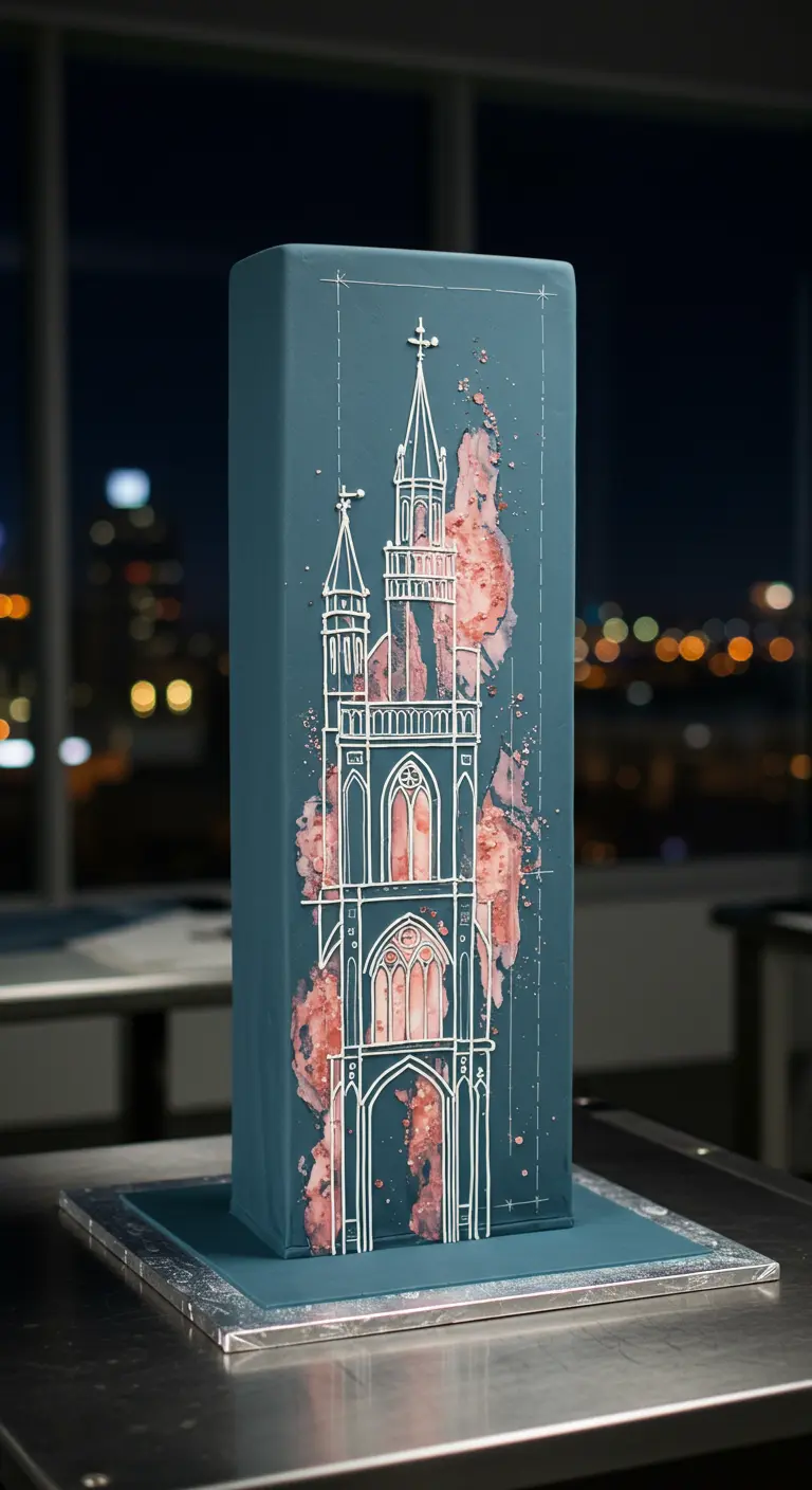 Sehr hohe, rechteckige Torte in Blau, auf der die weiße Skizze einer Kathedrale mit rosa Akzenten abgebildet ist.