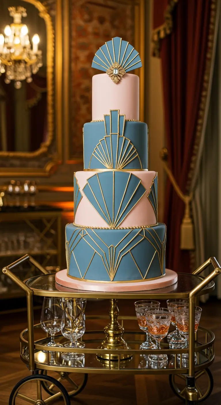 Vierstöckige Torte im Art-déco-Stil mit geometrischen Mustern in Blau, Rosé und Gold.