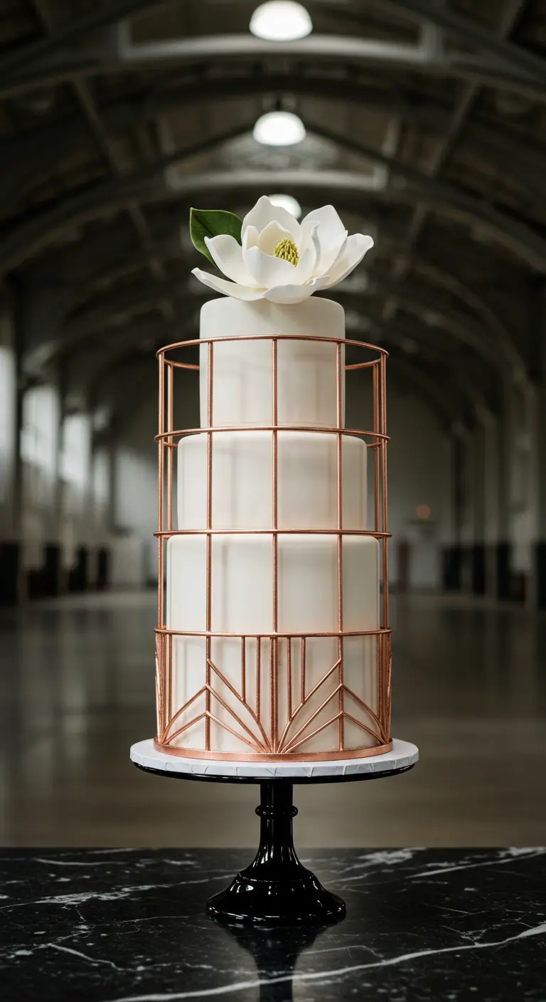 Dreistöckige weiße Torte in einem externen Art-déco-Käfig aus Roségold-Metall.