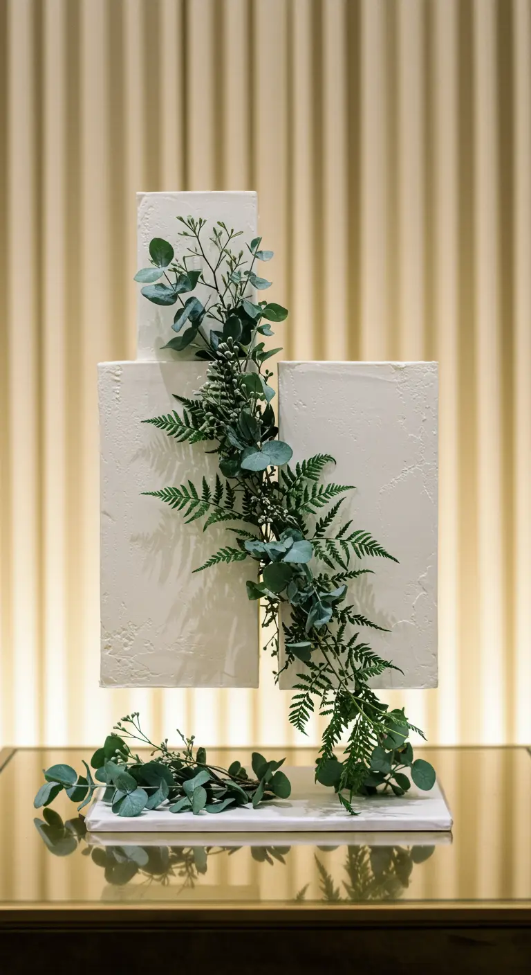 Weiße, quadratische Hochzeitstorte mit versetzten Etagen und Eukalyptusgirlande.
