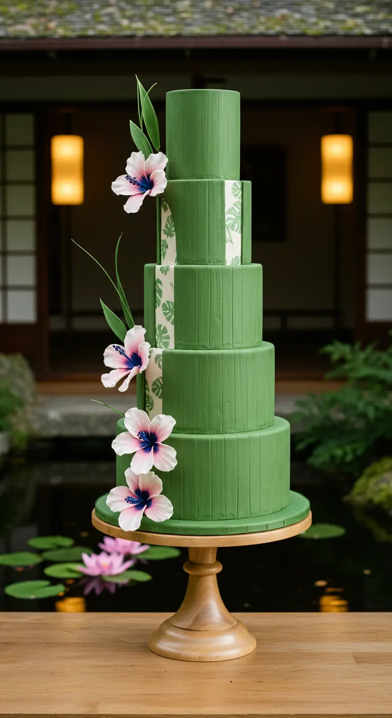 Grüne, geriffelte Torte mit einem Band aus Monstera-Blattmuster und zarten rosa-blauen Hibiskusblüten.
