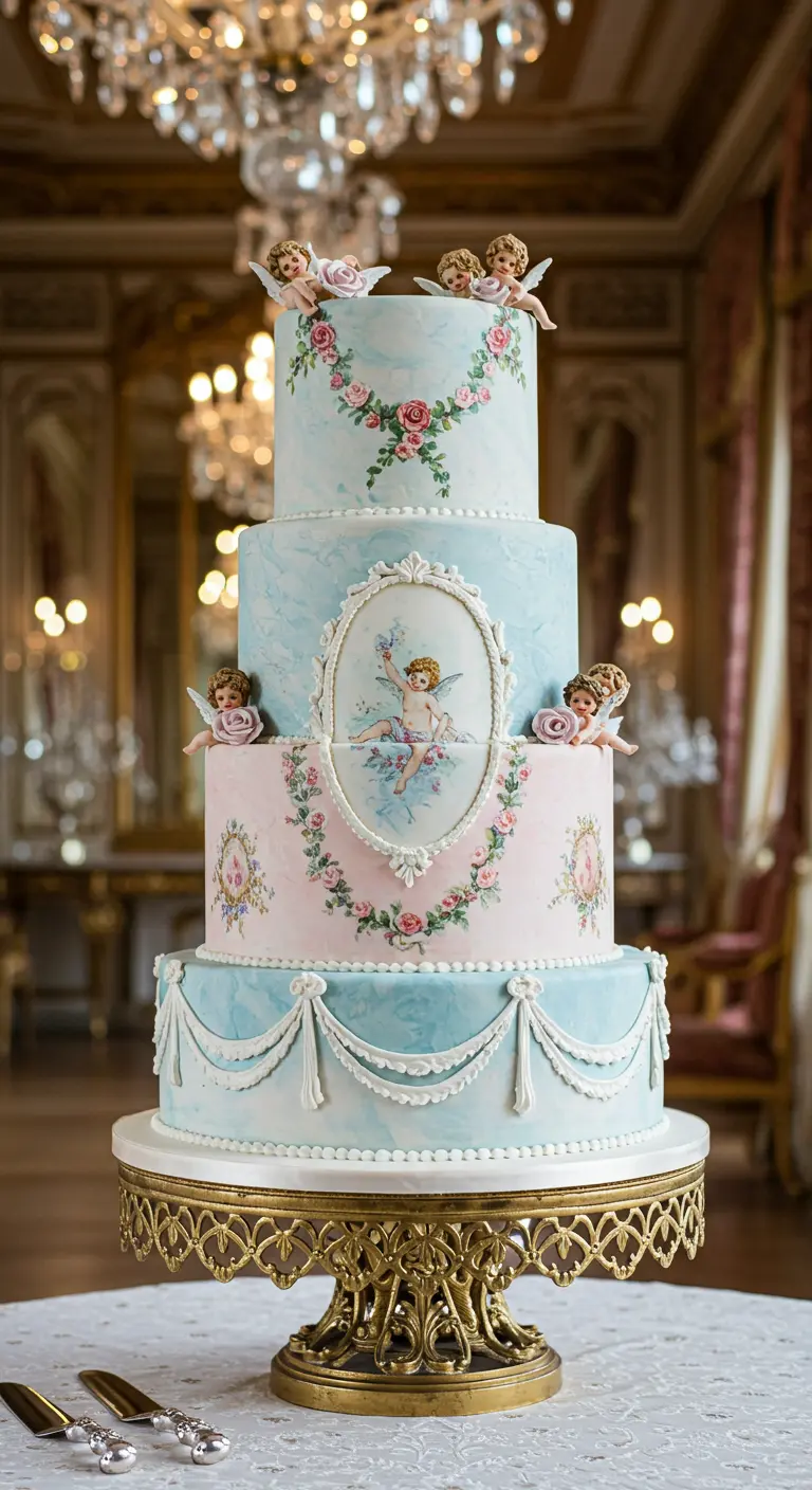 Opulente, vierstöckige Torte im Barock-Stil mit Engeln und floralen Girlanden.