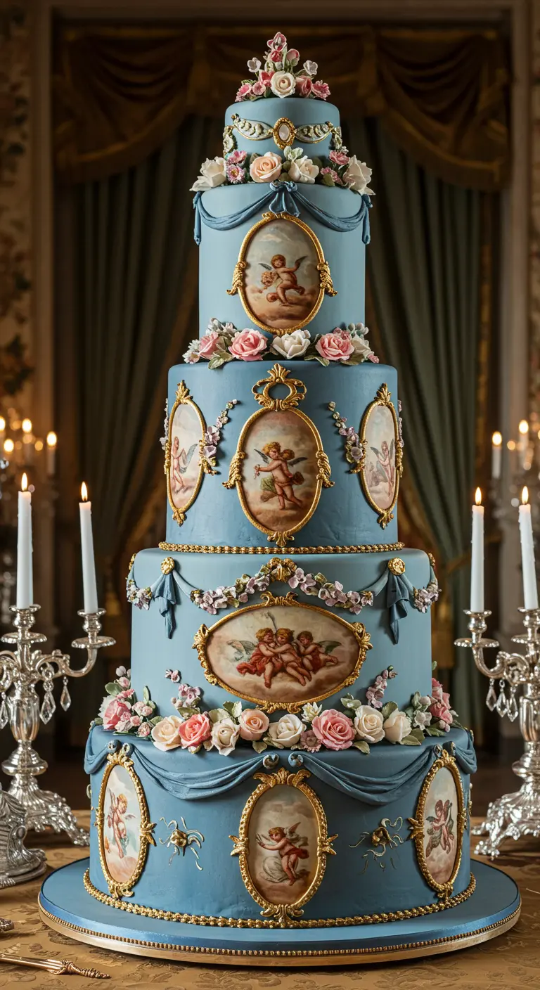 Sehr opulente, hohe Torte in Blau mit goldenen Rahmen, Engel-Porträts und unzähligen Zuckerblumen.