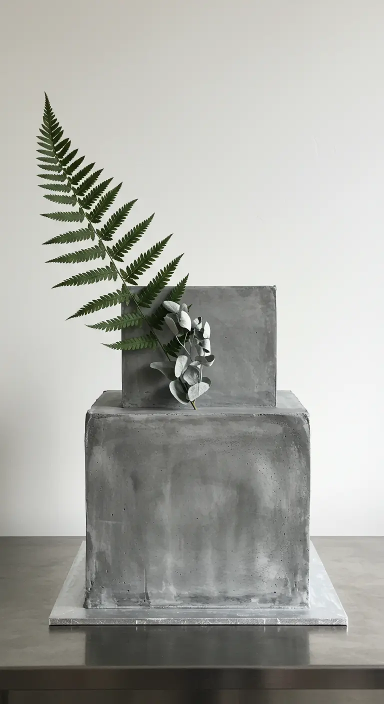 Zweistöckige Torte in Betonoptik mit einem Farnwedel und Eukalyptus.