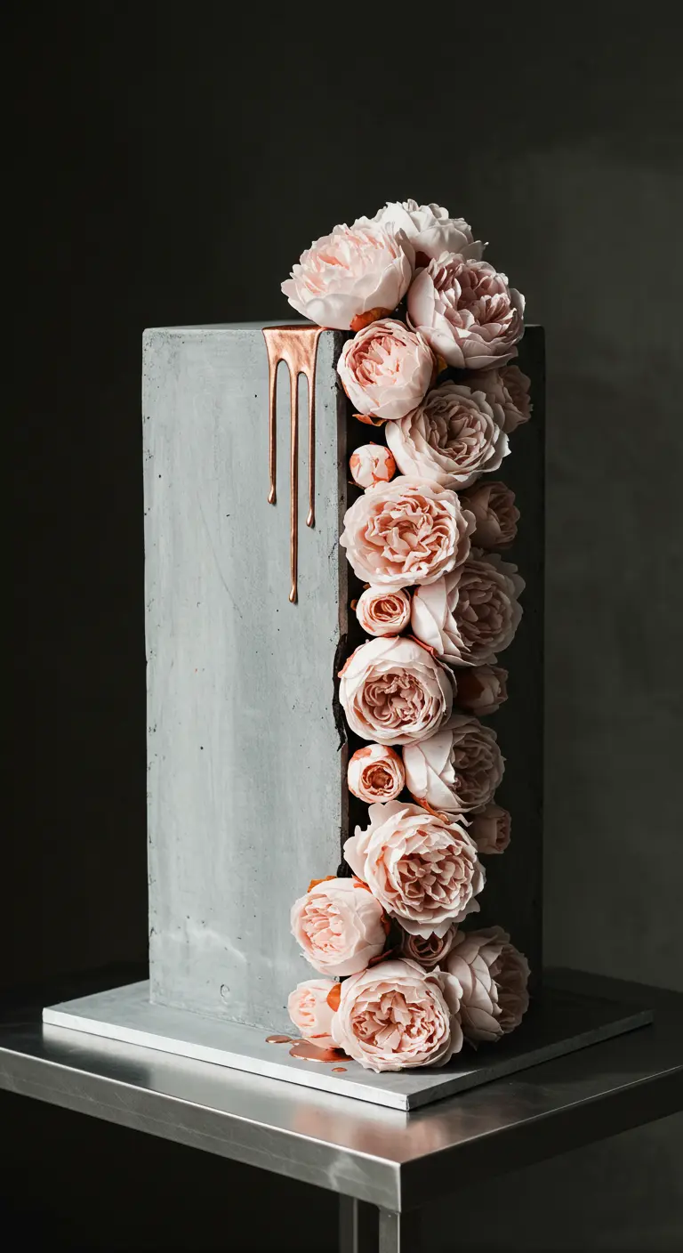Graue Hochzeitstorte in Beton-Optik mit Roségold-Drip und einer Kaskade aus rosa Seidenrosen.