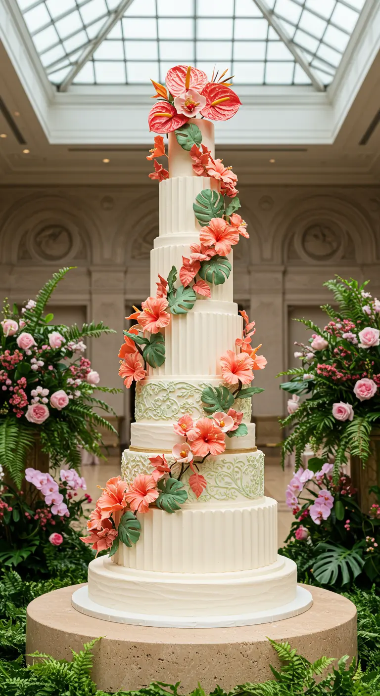 Hohe, weiße Torte mit floralen Prägungen und einer Kaskade aus orangefarbenen Hibiskusblüten.