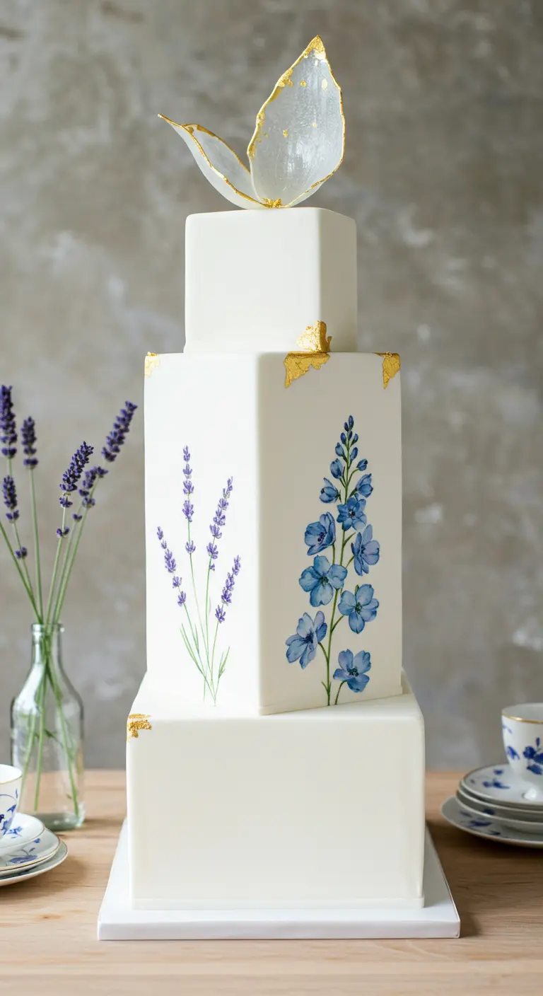 Eckige, weiße Torte mit gemalten Lavendel- und Glockenblumen und einem Zucker-Schmetterling.