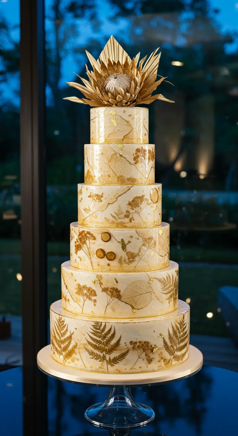 Weiße Hochzeitstorte mit echten gepressten Pflanzen und Goldakzenten, großer goldener Protea.