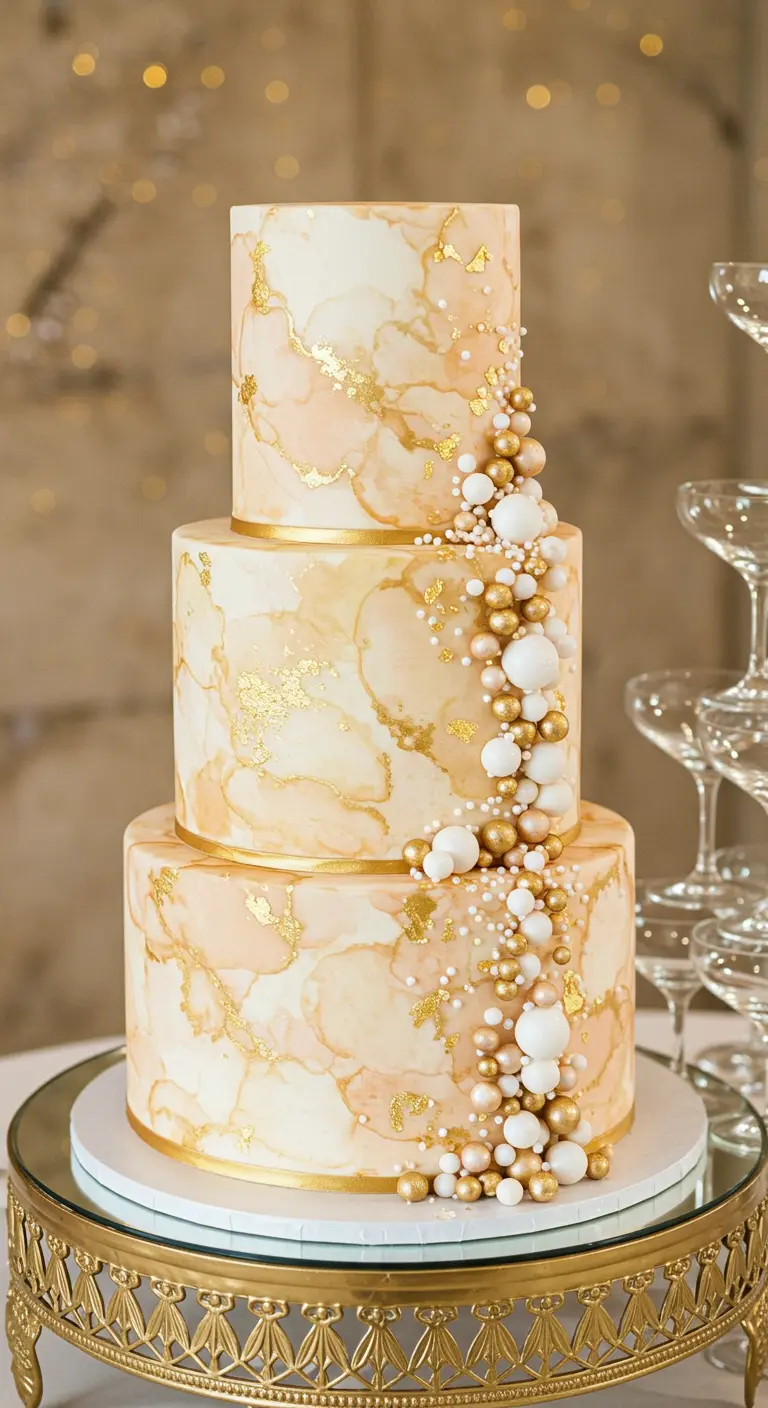 Dreistöckige Torte in Elfenbein-Marmor mit einer Kaskade aus goldenen und weißen Perlen.