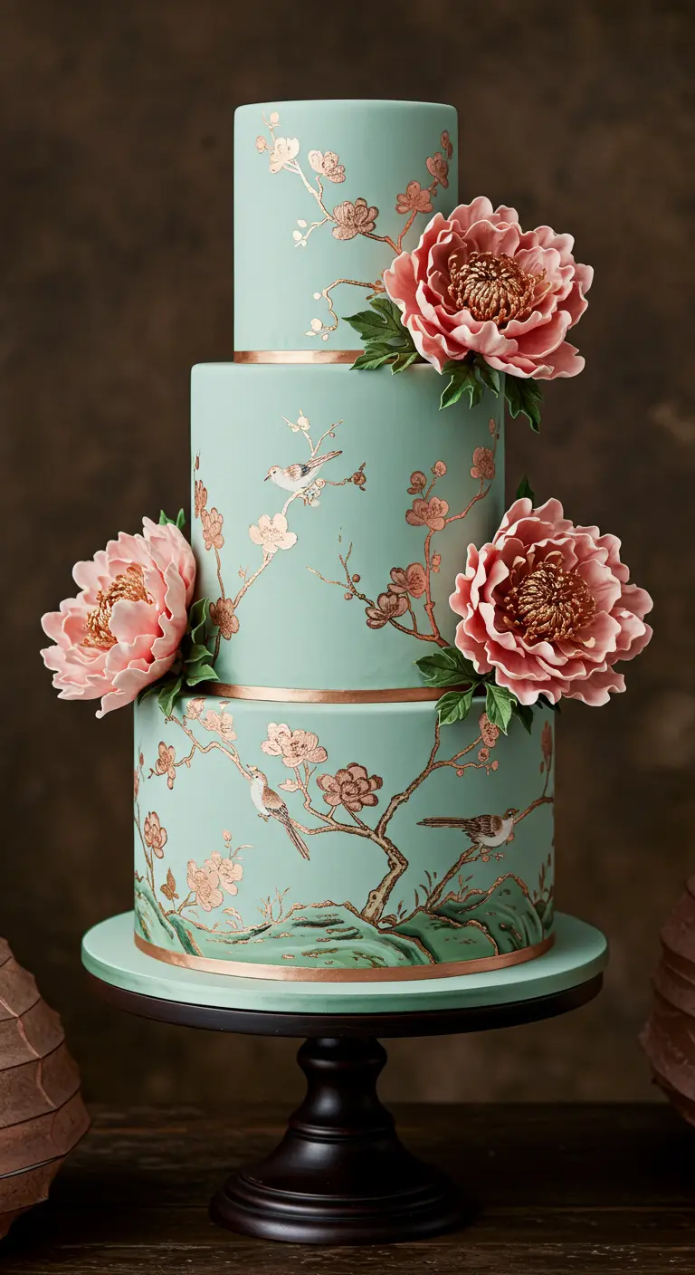 Dreistöckige, mintgrüne Torte mit einem handgemalten Chinoiserie-Muster und großen Seiden-Pfingstrosen.