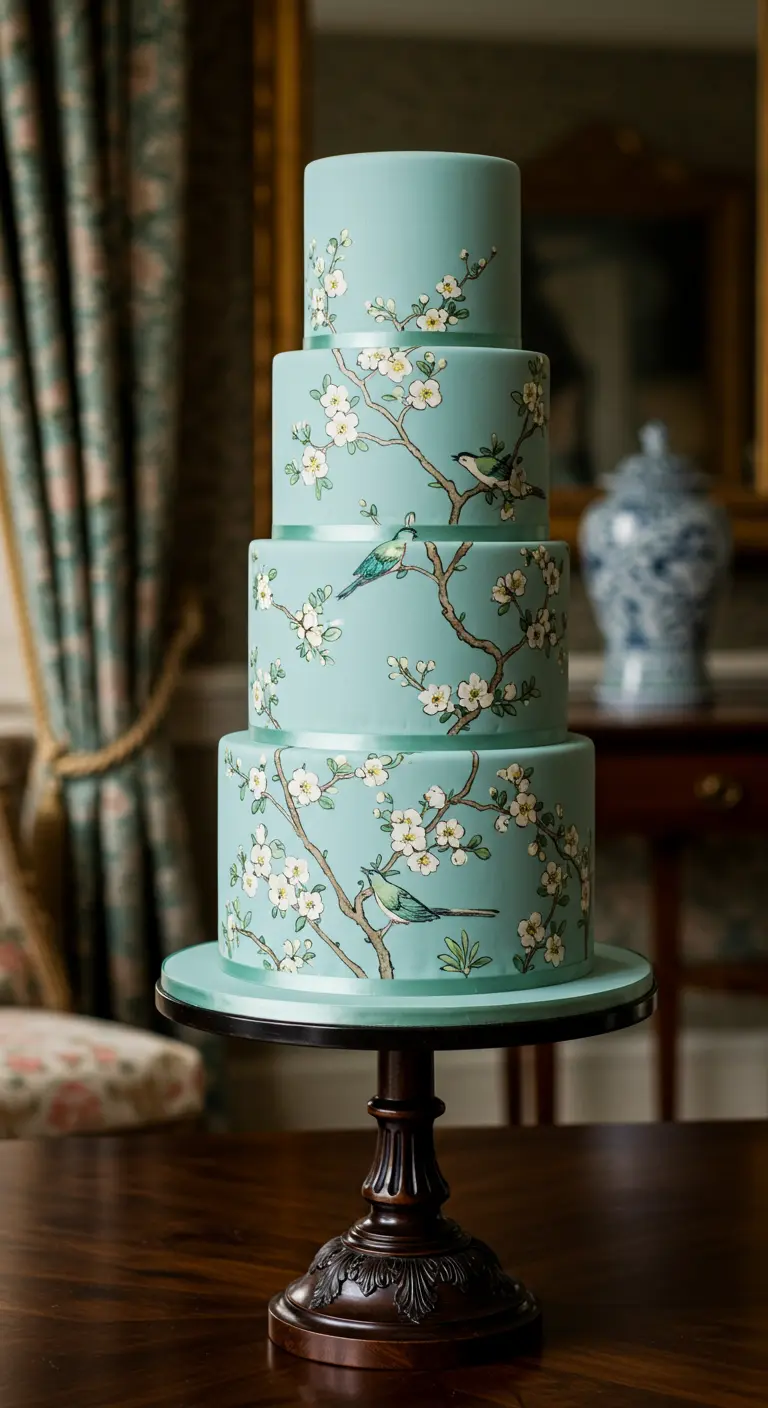 Vierstöckige türkisfarbene Torte mit handgemaltem Chinoiserie-Muster von Vögeln und Blüten.