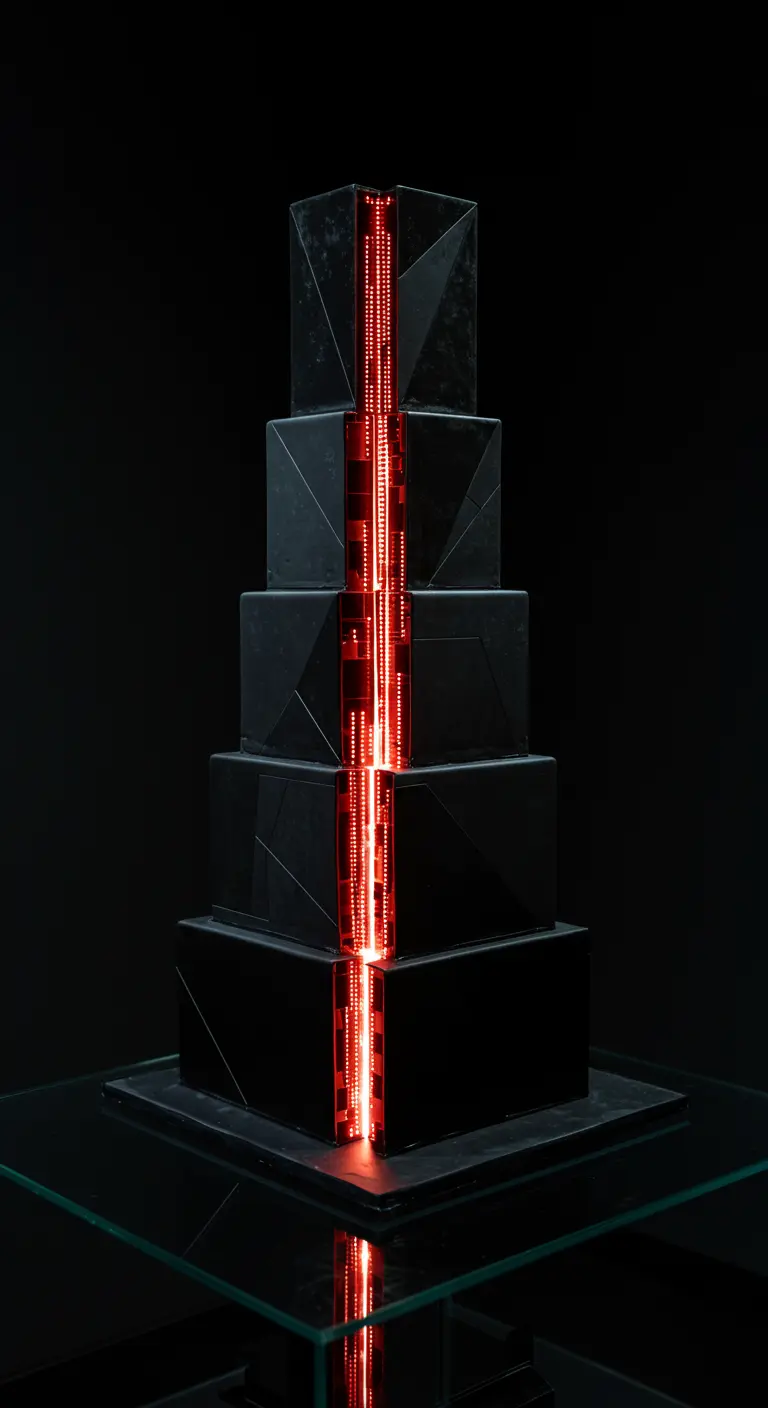 Mehrstöckige schwarze Torte mit geometrischen Formen und einem leuchtenden roten Lichtstreifen in der Mitte
