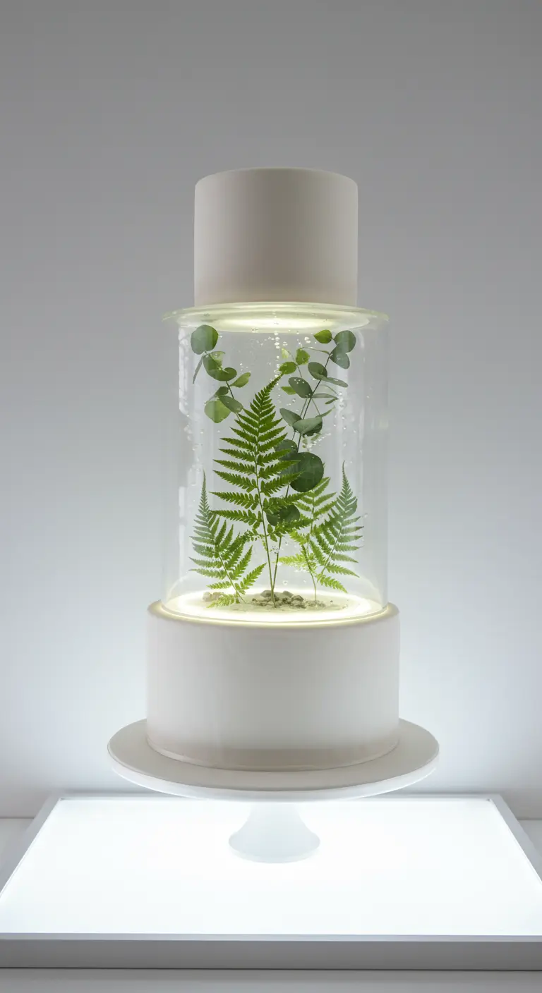 Hochzeitstorte mit gläsernem Mittelteil, das wie ein Terrarium aussieht.