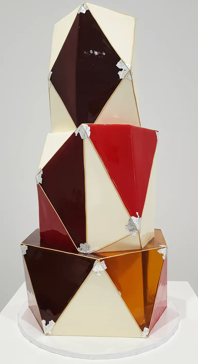 Dreistöckige Torte aus geometrischen Würfeln in Braun, Rot und Cremefarben mit Silberfolie