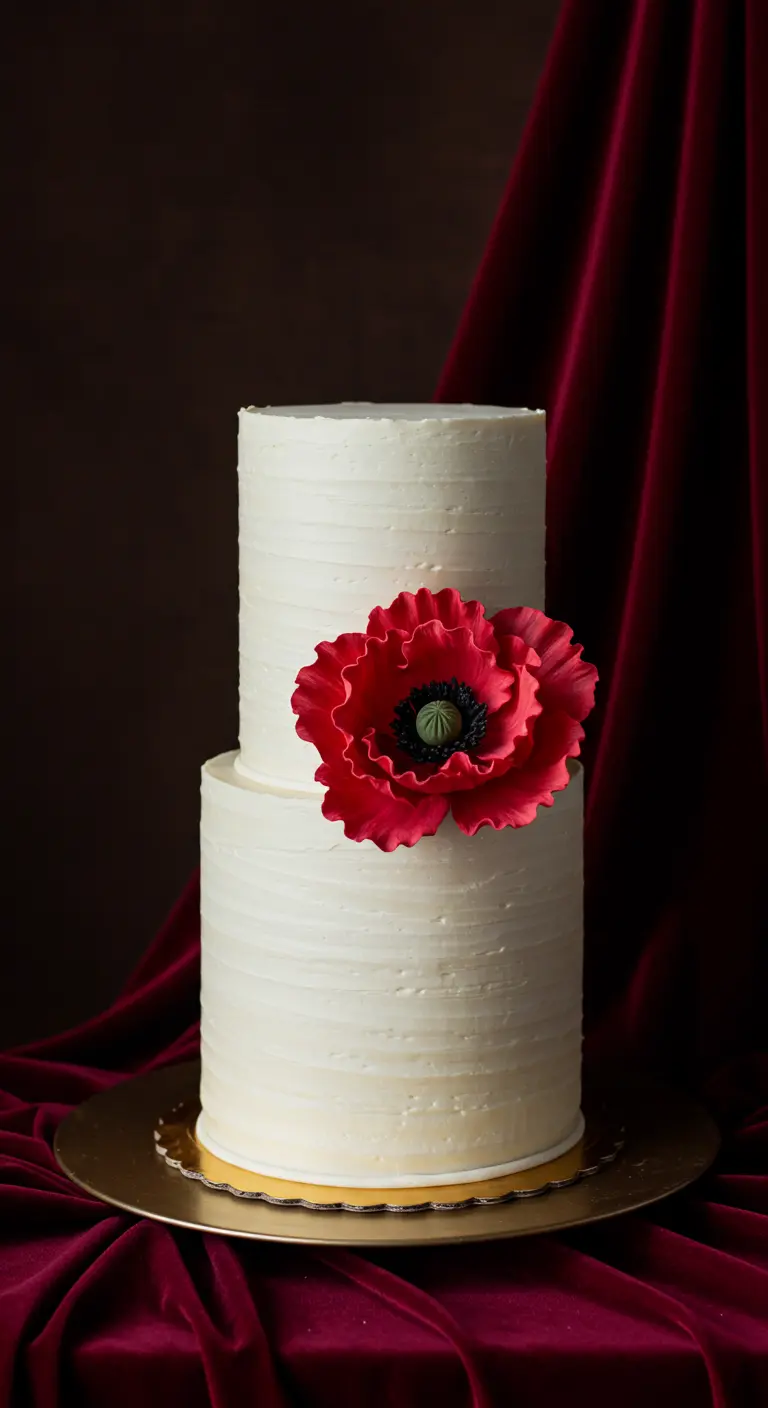 Zweistöckige weiße Torte mit Rillenstruktur und einer großen, roten Mohnblume.