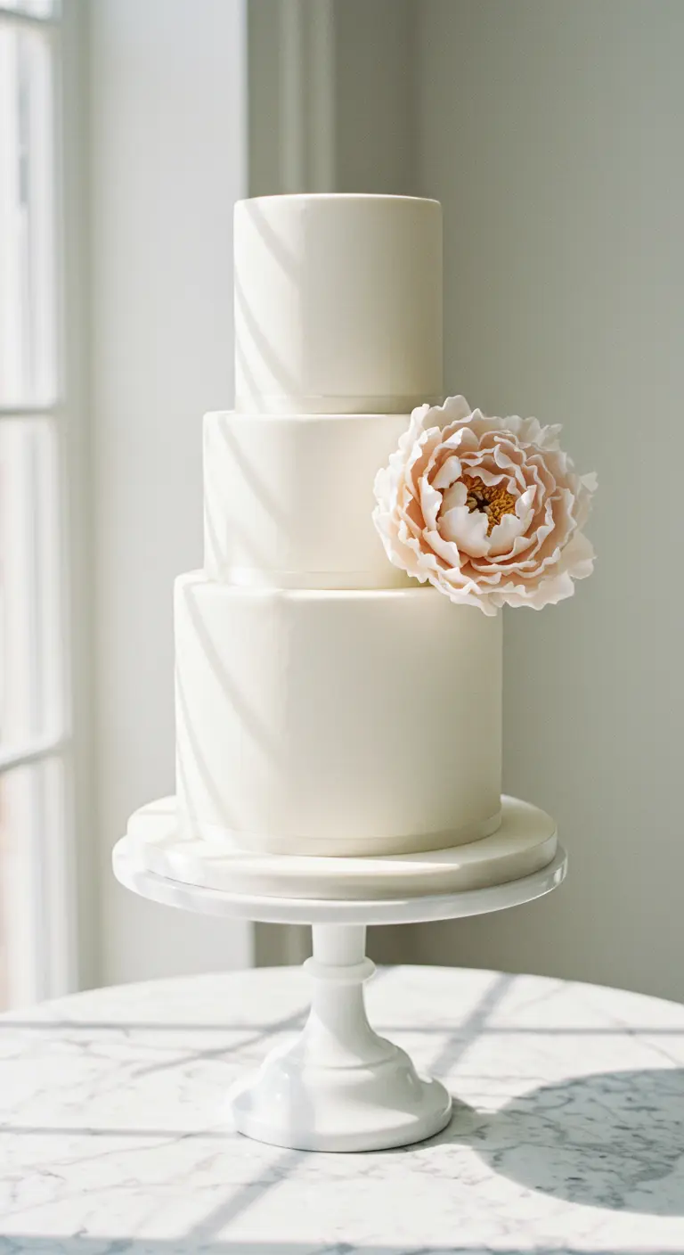 Dreistöckige weiße Hochzeitstorte mit einer großen, zartrosa Pfingstrose.