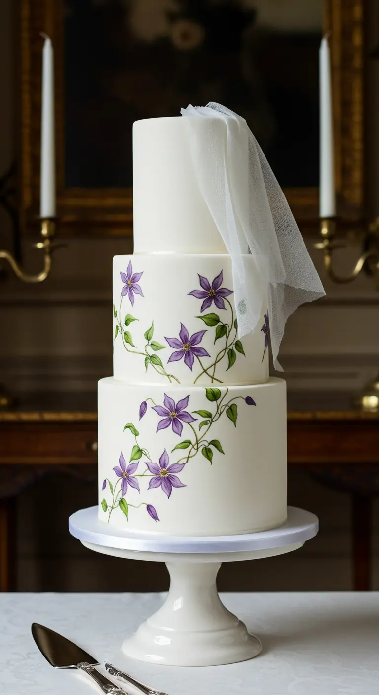 Weiße Torte mit gemalten lila Clematis und einem zarten, transparenten Esspapierschleier.