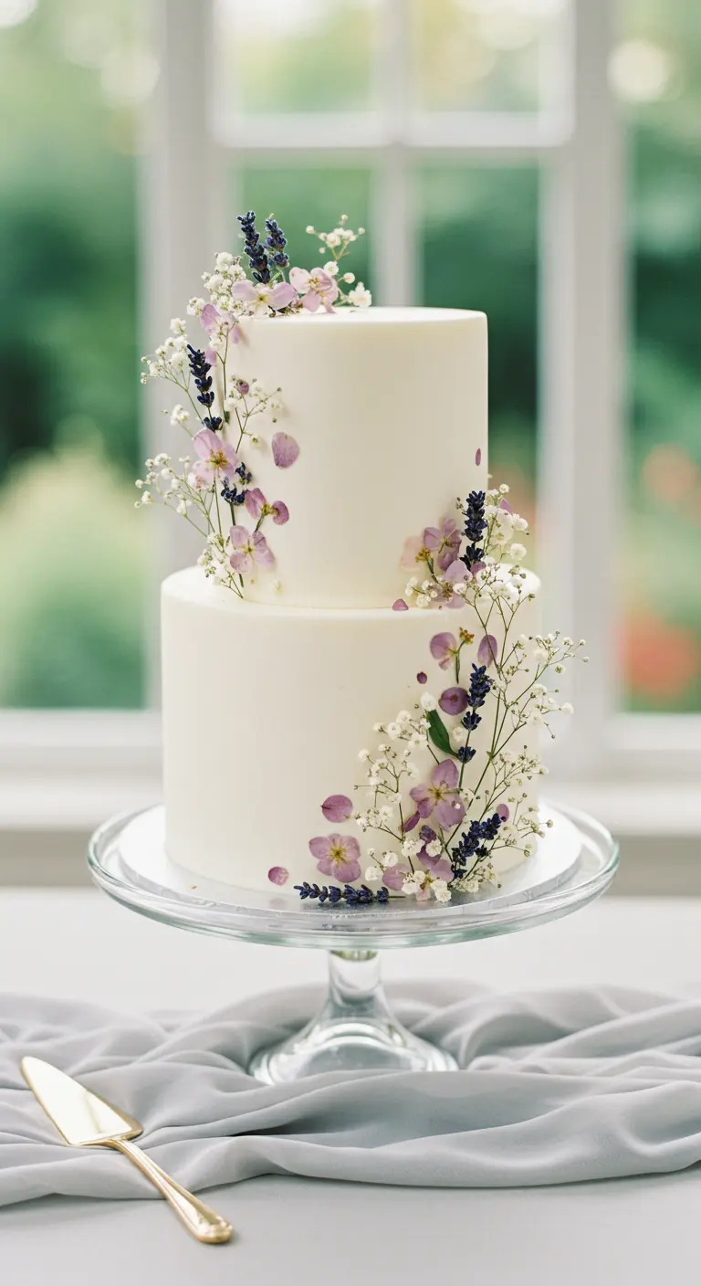 Zweistöckige weiße Torte mit Lavendel und Schleierkraut dekoriert.