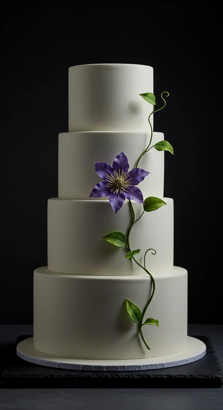Vierstöckige, weiße Torte mit einer rankenden, violetten Clematis-Blüte.